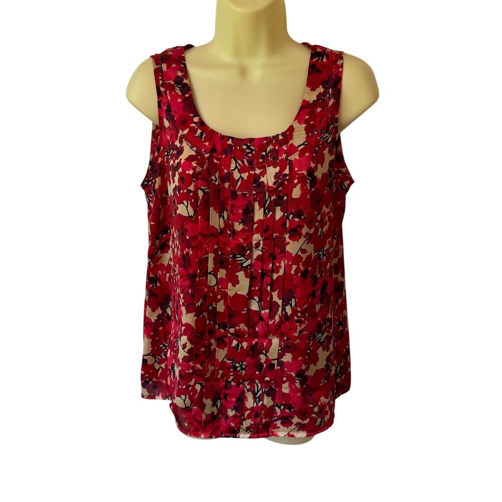 AK by Anne Klein Red Satiny Floral Sleeveless Blouse